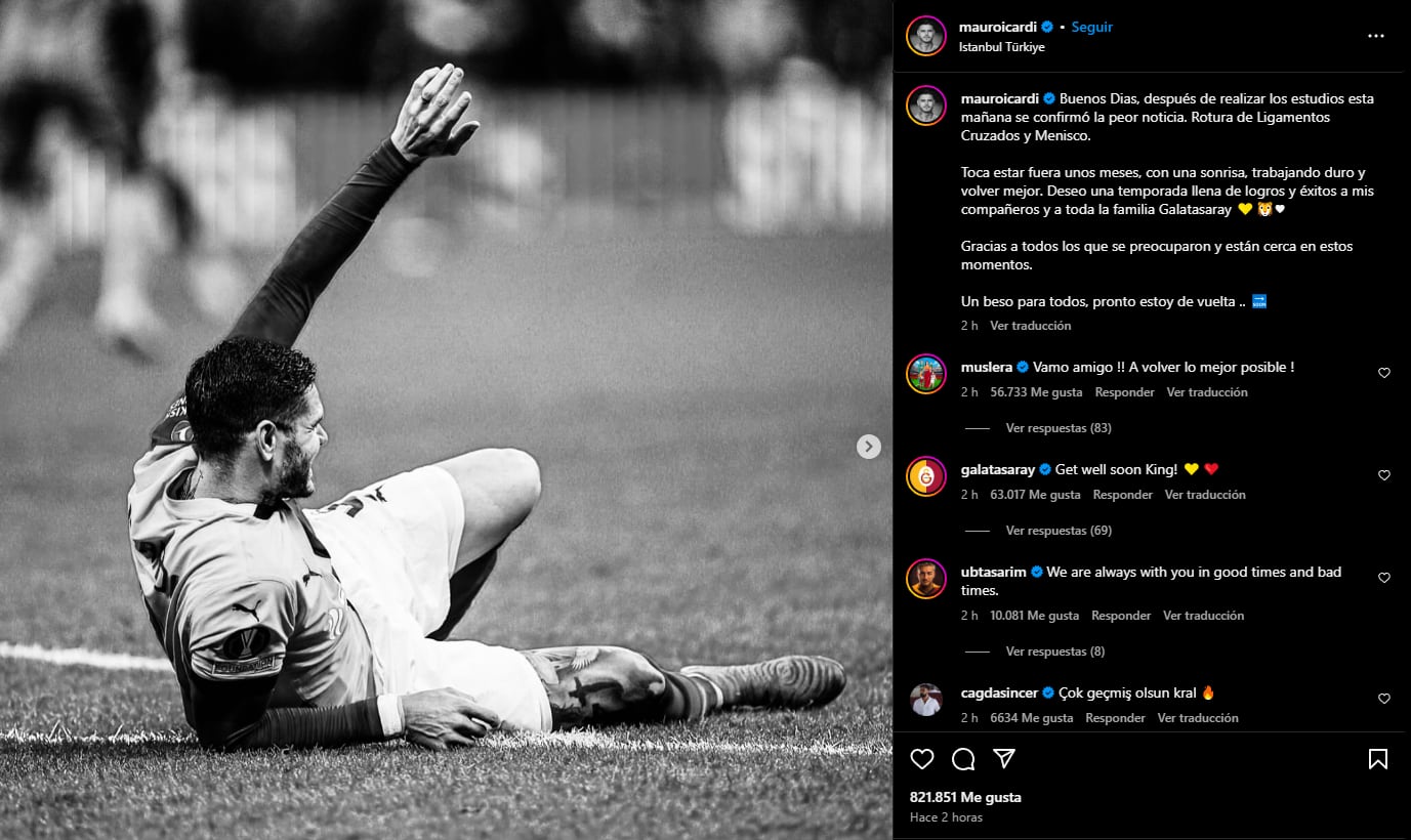 El posteo en Instagram de Mauro Icardi luego de que se confirmara su lesión.