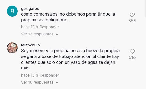 Los internautas de tik tok dejaron su opinión sobre la actitud de la moza y el debate de la obligatoriedad de la propina.