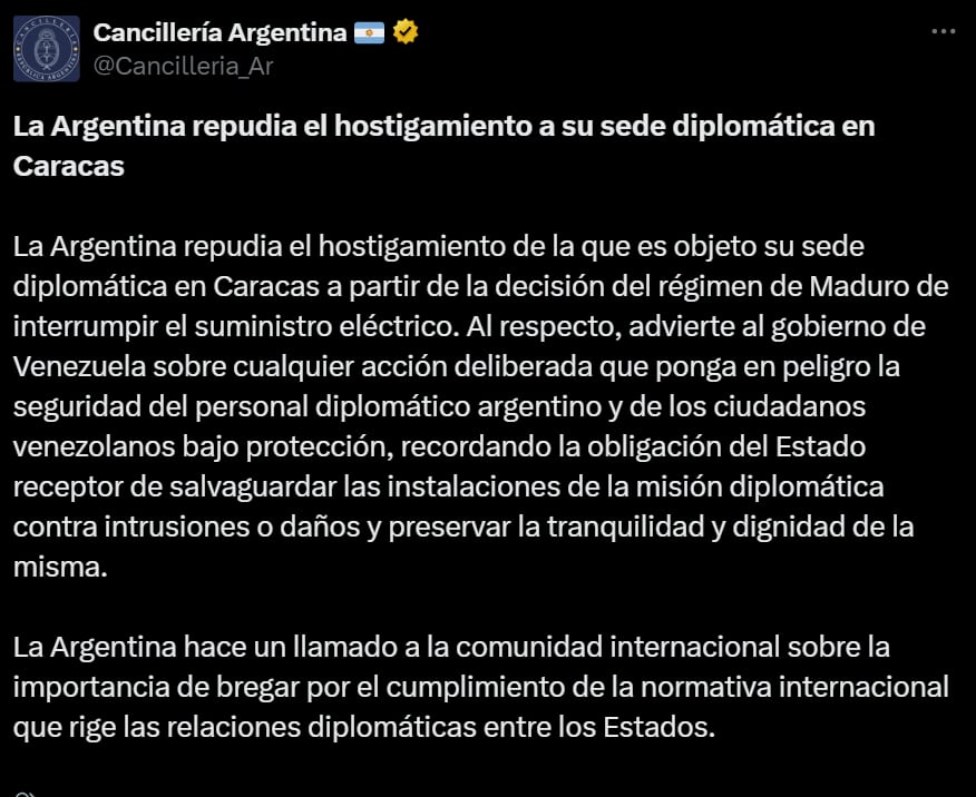 Comunicado de la Cancillería Argentina. Captura: X / @Cancilleria_Ar