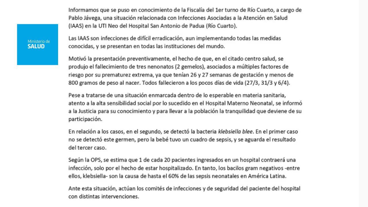 El comunicado del Ministerio de Salud de Córdoba.