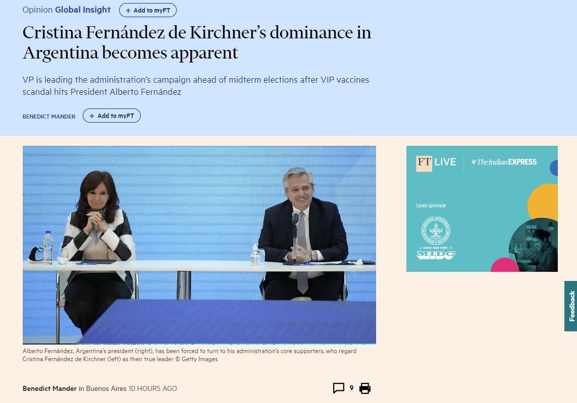 La nota en el Financial Times sobre Alberto Fernández y Cristina Kirchner - Captura