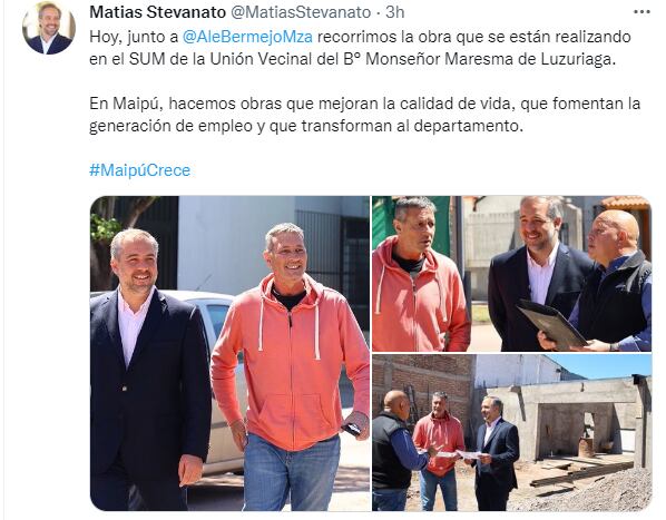 El intendente de Maipú, Matías Stevanato se mostró con su antecesor, Alejandro Bermejo.