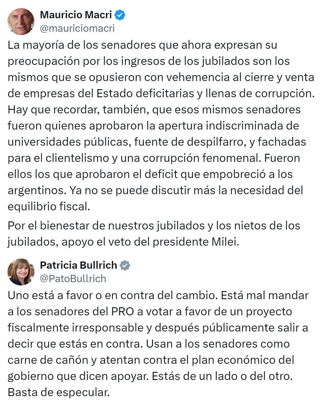 Aunque el presidente del PRO expresó su apoyo al veto de Milei, los legisladores de su espacio acompañaron la iniciativa en el Senado - X