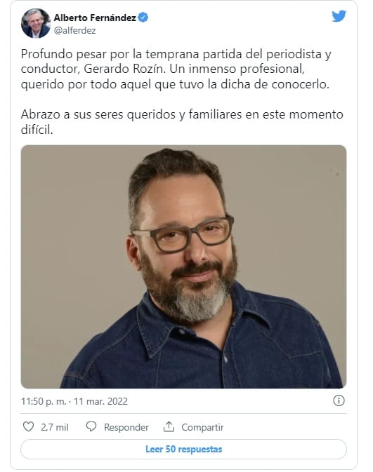 La despedida de Alberto Fernández a Gerardo Rozín (Twitter)