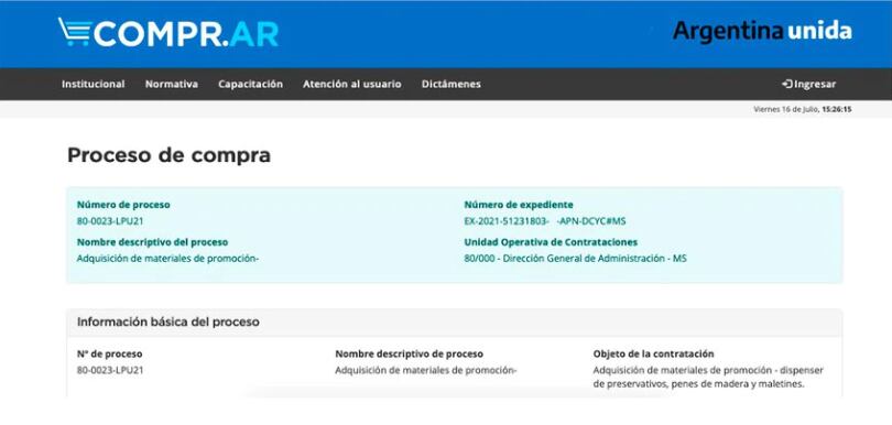 El proceso de licitación se dio bajo el rubro de“equipos, herramientas, productos médicos y farmacéuticos y de laboratorio”, según señala el Portal de Compras Públicas de la Argentina. 