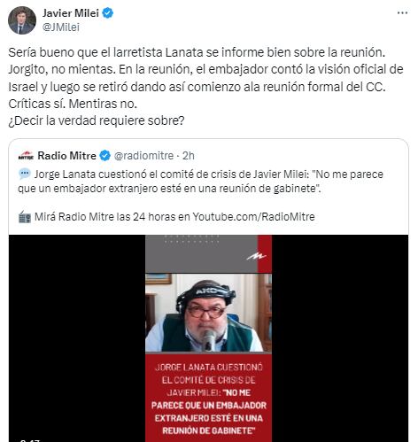 Jorge Lanata criticó la presencia del Embajador de Israel en la reunión de Gabinete y Milei respondió.