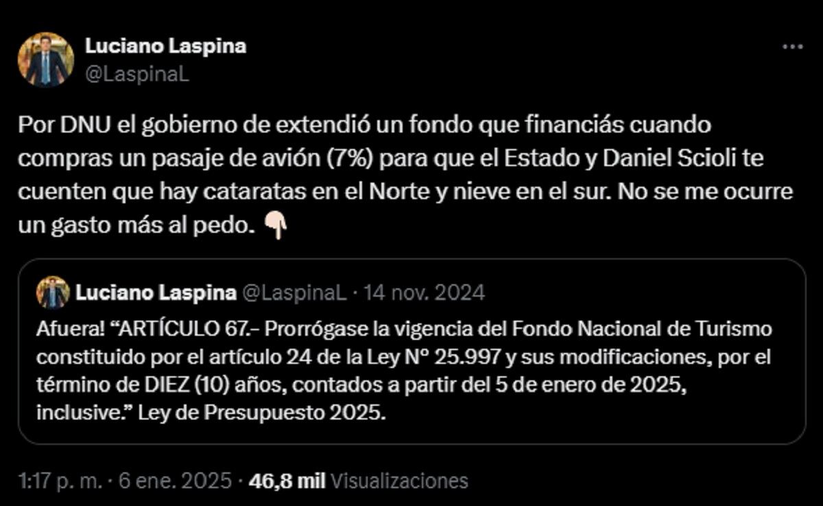 El referente del Pro, Luciano Laspina, también criticó la medida. (Foto: captura Twitter)