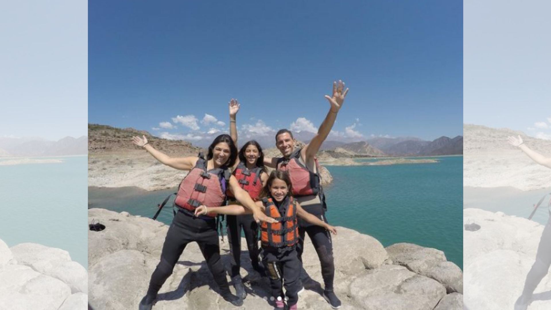 Maxi Rodríguez junto a su familia en el Dique Potrerillos.