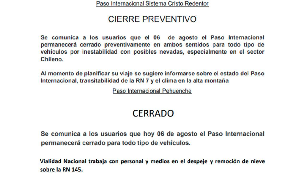 Paso Internacional Cristo Redentor y Paso Internacional Pehuenche cerrados.