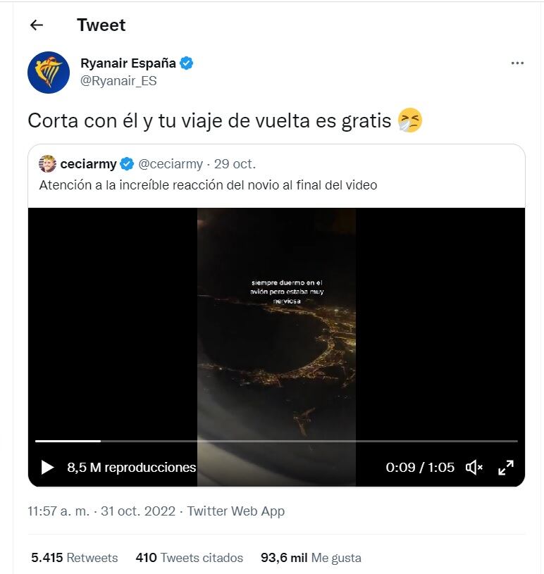 La compañía compartió el video y ofreció un pasaje gratis si la chica aceptaba cortar con el novio.