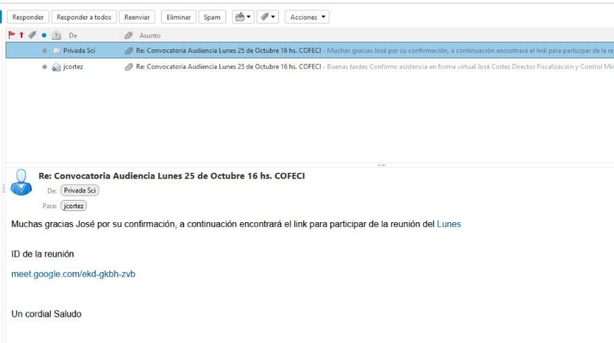 Nación envió a Los Andes una captura del mail enviado al titular de Fiscalización y Control de Mendoza.