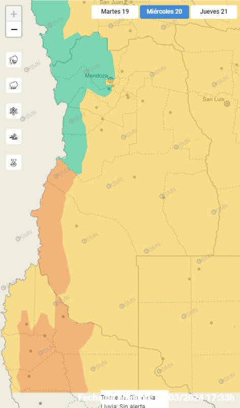 Mapa de alertas del Servicio Meteorológico Nacional para este miércoles 20 en Mendoza.