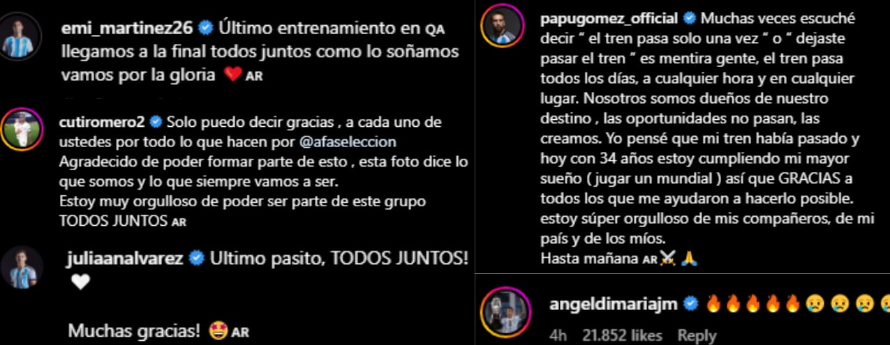 Algunos de los mensajes que publicaron los jugadores de la "Scaloneta" en sus redes sociales. Foto: Captura Instagram.