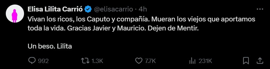 Duro mensaje de Lilita Carrió contra Javier Milei y Mauricio Macri. Captura: X / @elisacarrio