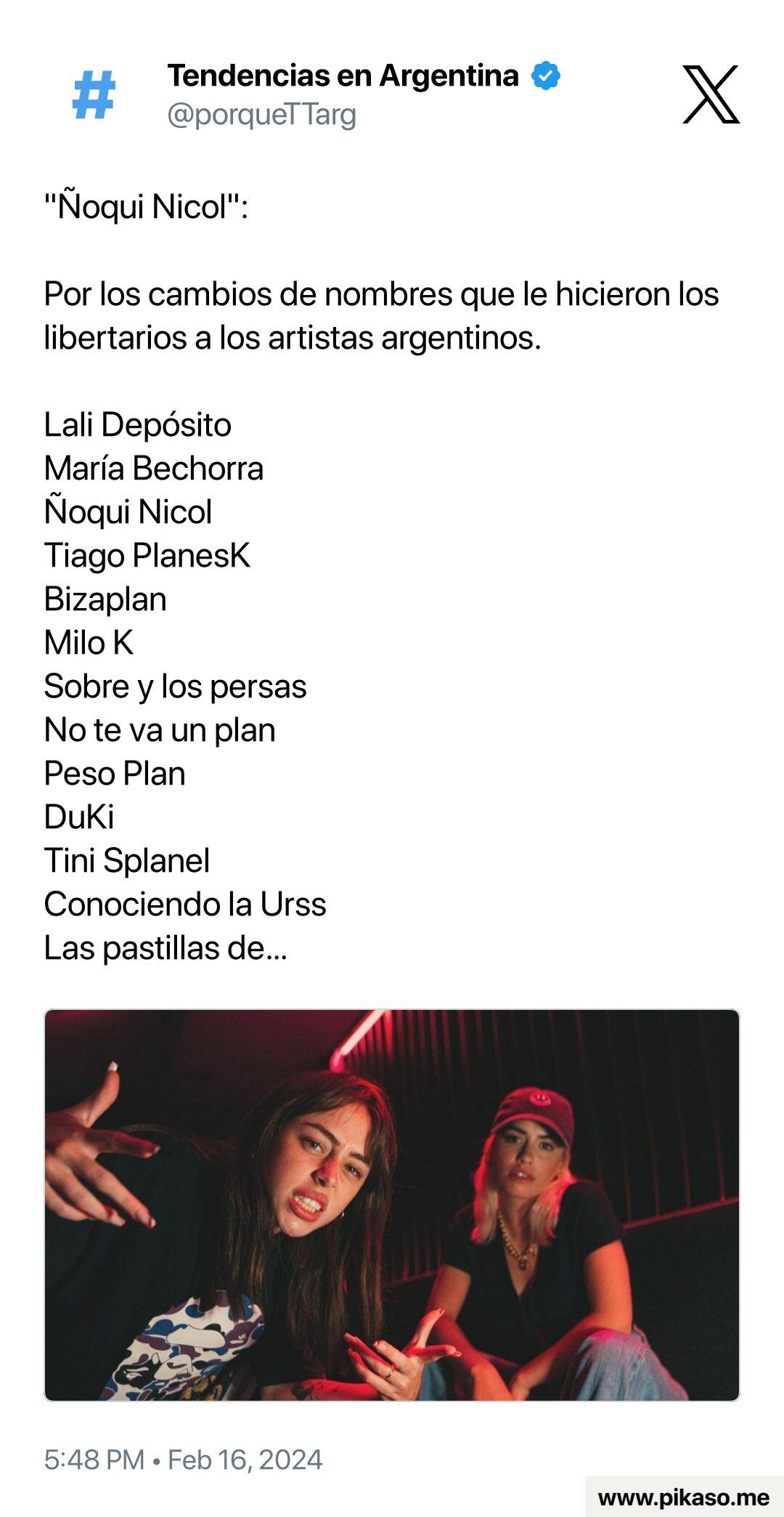 Libertarios cambiaron los nombres de cantantes argentinos como Milei con Lali. Captura de pantalla.