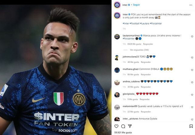 La respuesta de Lautaro Martínez en la publicación del Inter de Milán.