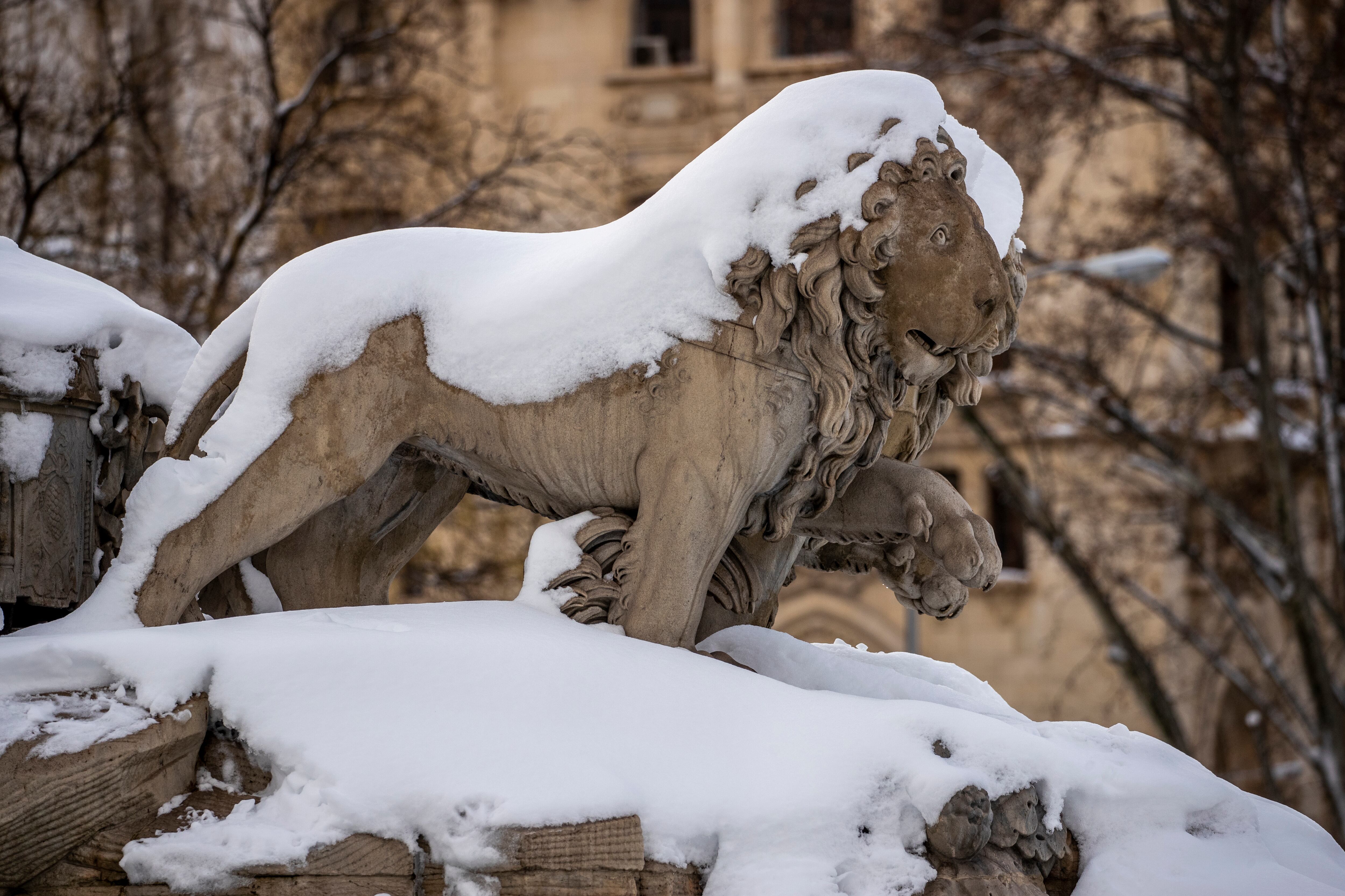 El monumento de La Cibeles se ve cubierto de nieve. Gran parte del país empezaba a retirar la nieve de la peor ventisca en su memoria reciente.