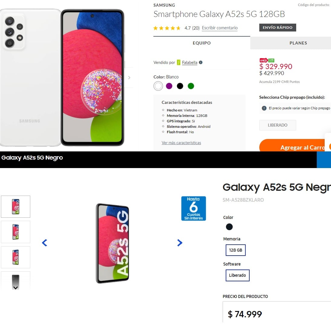 Precio Samsung A52s 5G 128GB en Chile y Argentina 