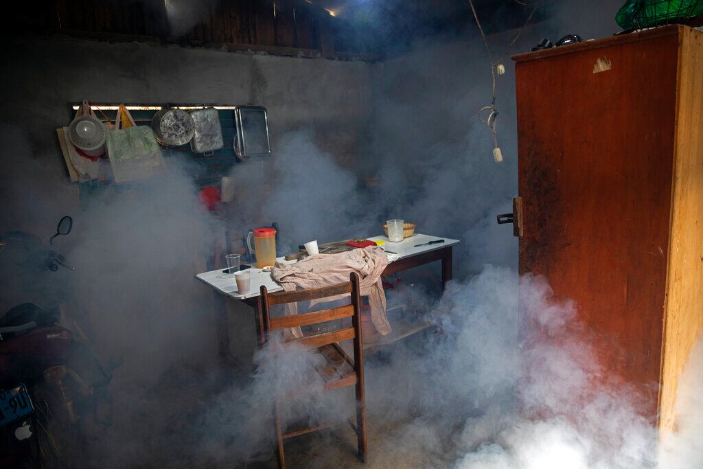 Nubes de insecticida se cuelan en una sala durante una fumigación para controlar la propagación del dengue, en el centro de Pucallpa, Perú.