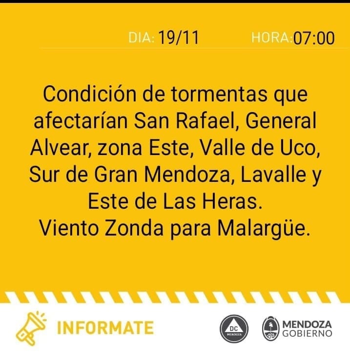 Alerta amarilla por tormentas y Zonda en Mendoza (Defensa Civil)