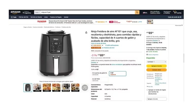 Freidora de aire que se puede conseguir con envío tarifa plana en Amazon.