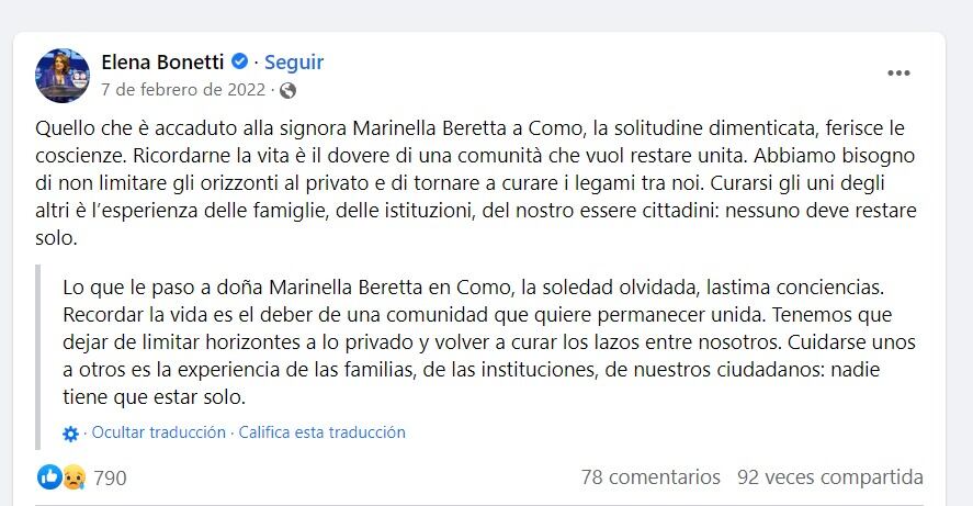 El mensaje en redes de Elena Bonetti, ministra para la Familia de Italia. Foto: Facebook