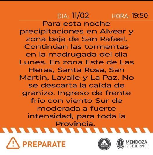 Defensa Civil anunció que continuarán las tormentas en la madrugada del lunes. Gentileza: Defensa Civil Mendoza.