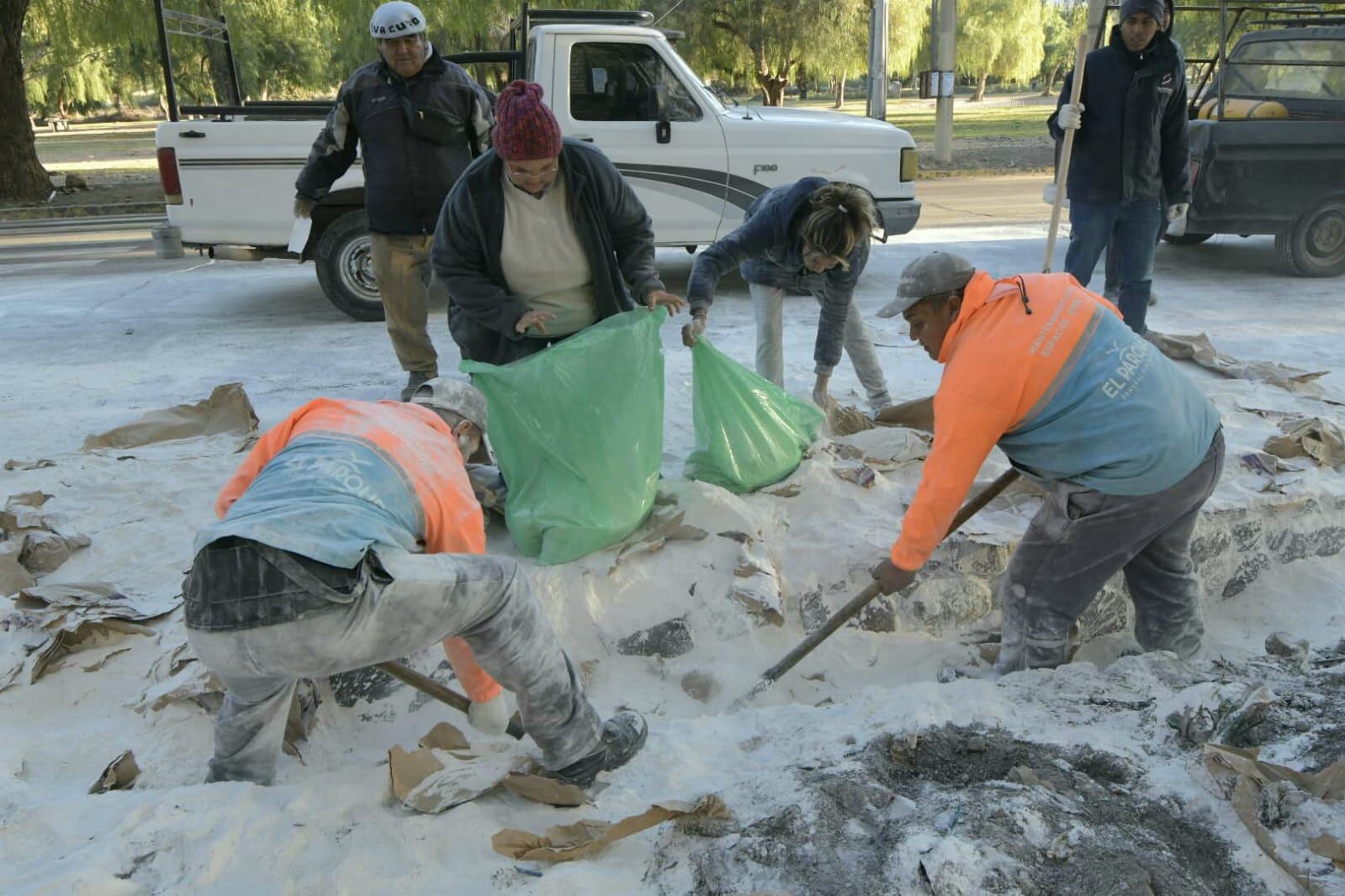 Volcó un camión con 800 bolsas de harina en el Parque y la gente se llevó todo (Orlando Pelichotti / Los Andes)