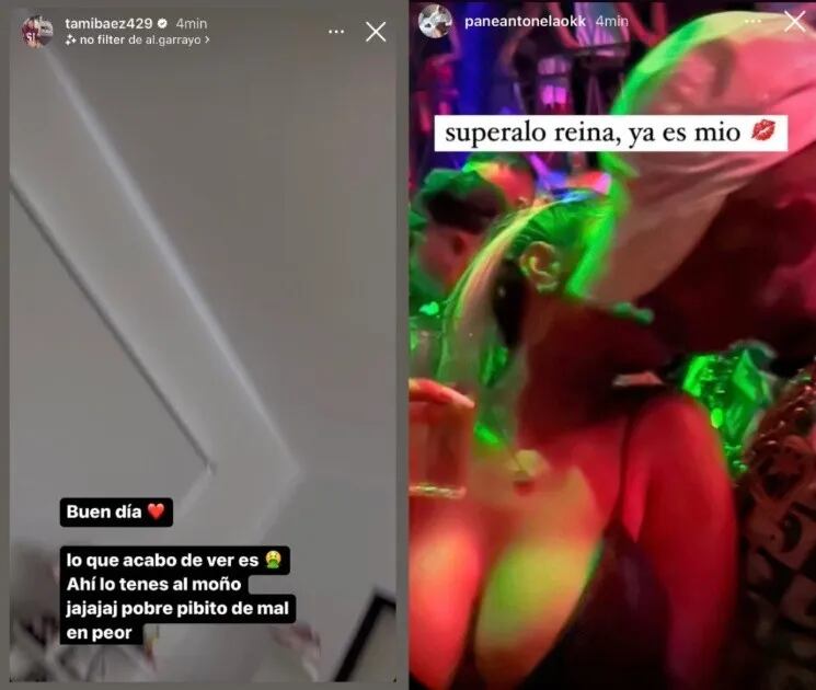 A la derecha la provocación de Antonela y a la izquierda la reacción de Tamara Báez (Captura de pantalla).