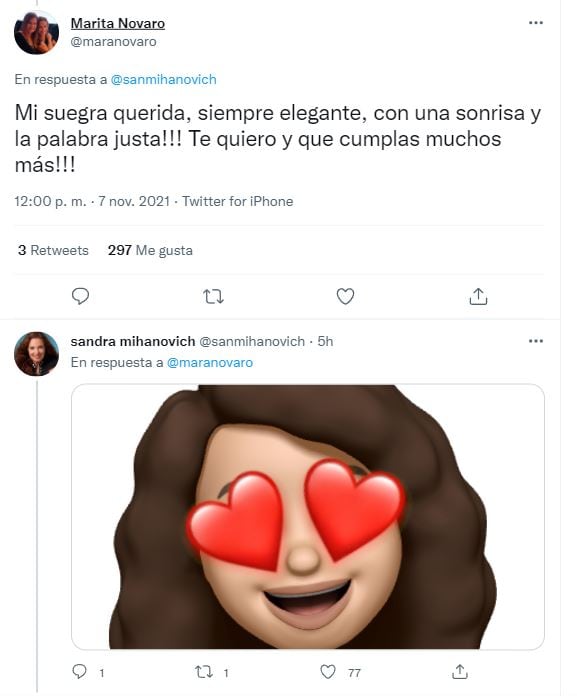 Tweet de Marita Novaro saludando a sus suegra por su cumpleaños.