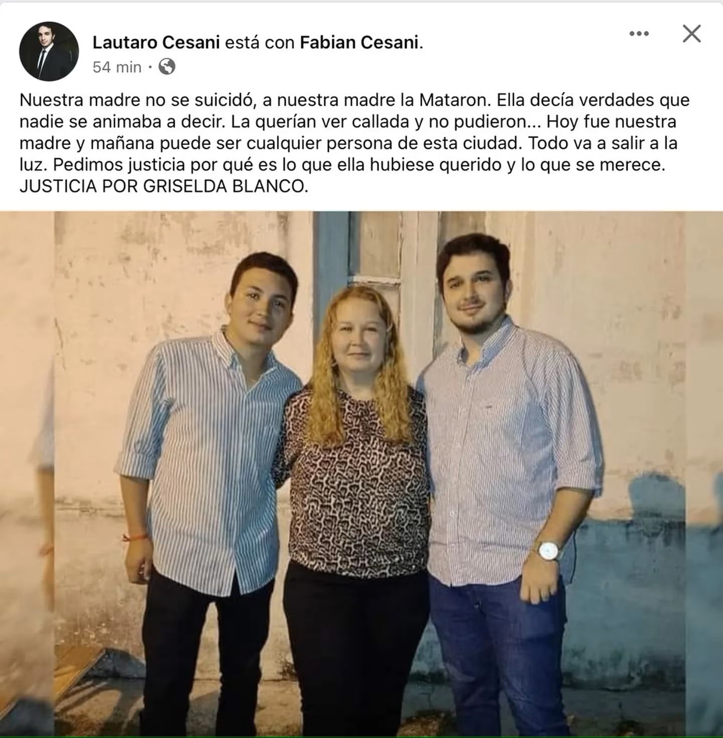 La publicación de su hijo en Facebook. Foto: captura.