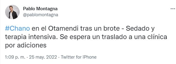 Chano volvió a ser internado en el sanatorio Otamendi (Twitter @pablomontagna) 