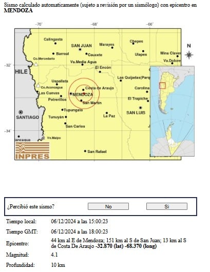 Un sismo de mediana intensidad se produje en la provincia de Mendoza durante la siesta de este viernes. INPRES