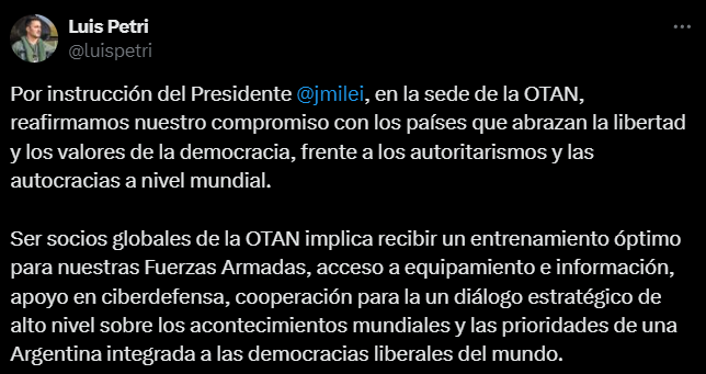 El comunicado de Luis Petri en referencia a la OTAN. Captura: X / @luispetri