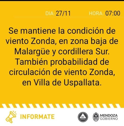 Alerta amarilla por Zonda en Mendoza.