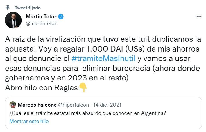 Martín Tetaz regalará 1000 dólares en criptomonedas a la personas que denuncie el trámite más inútil