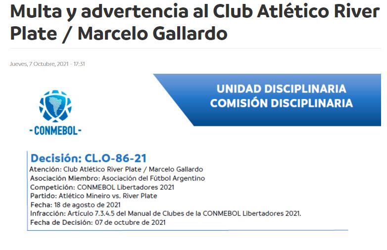 La sanción de Conmebol a River y Gallardo.