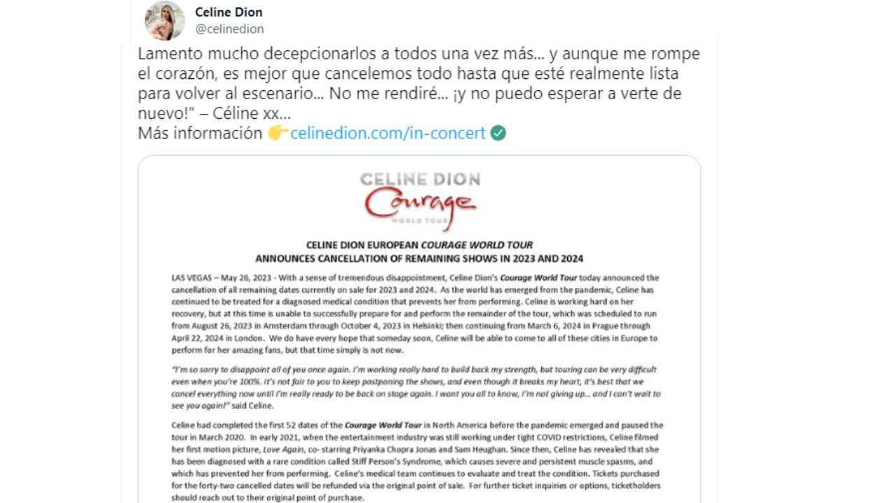 El anterior comunicado de la cantante Celine Dion.