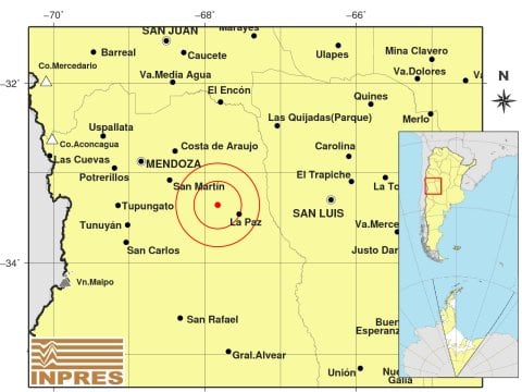 Epicentro del sismo en Mendoza. Imagen: INPRES