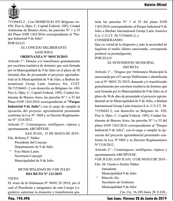 El 28 de junio de 2019, en el Boletín Oficial de San Juan se promulgó la ordenanza mediante la cual la Municipalidad de 9 de julio (San Juan) autorizaban “la donación y transferencia gratuita" de parcelas del Parque Industrial para ejecutar un proyecto agroindustrial.
