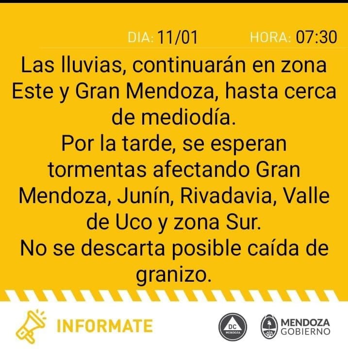 Alerta amarilla en Mendoza este sábado 11 de enero