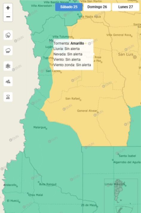 Sábado 25 de enero: alerta amarilla por tormentas y granizo.