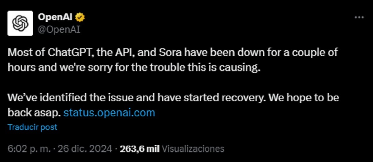 OpenAI se pronunció rápidamente sobre el incidente a través de X (antes Twitter), donde reconocieron las fallas en sus servicios. (Foto: captura X)