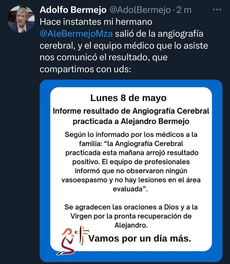 El estudio a Alejandro Bermejo dio resultados positivos.