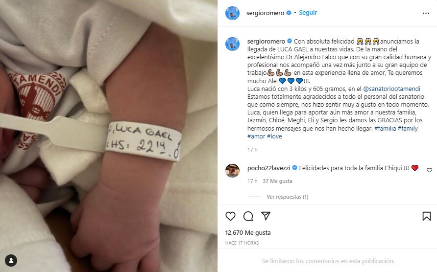 Sergio Romero le dio la bienvenida a su nuevo hijo en Instagram