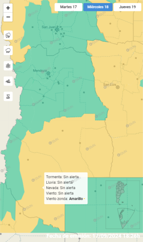 Alerta amarilla por viento zonda en Malargüe, General Alvear y la zona baja de San Rafael. Foto: Servicio Meteorológico Nacional.
