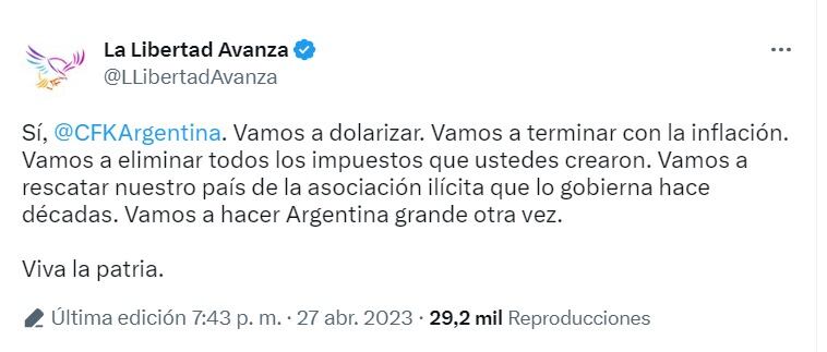 Tuit La Libertad Avanza