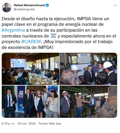 El director del OIEA visitó Fuesmen e IMPSA y elogió el desarrollo de ambas instituciones. Twitter