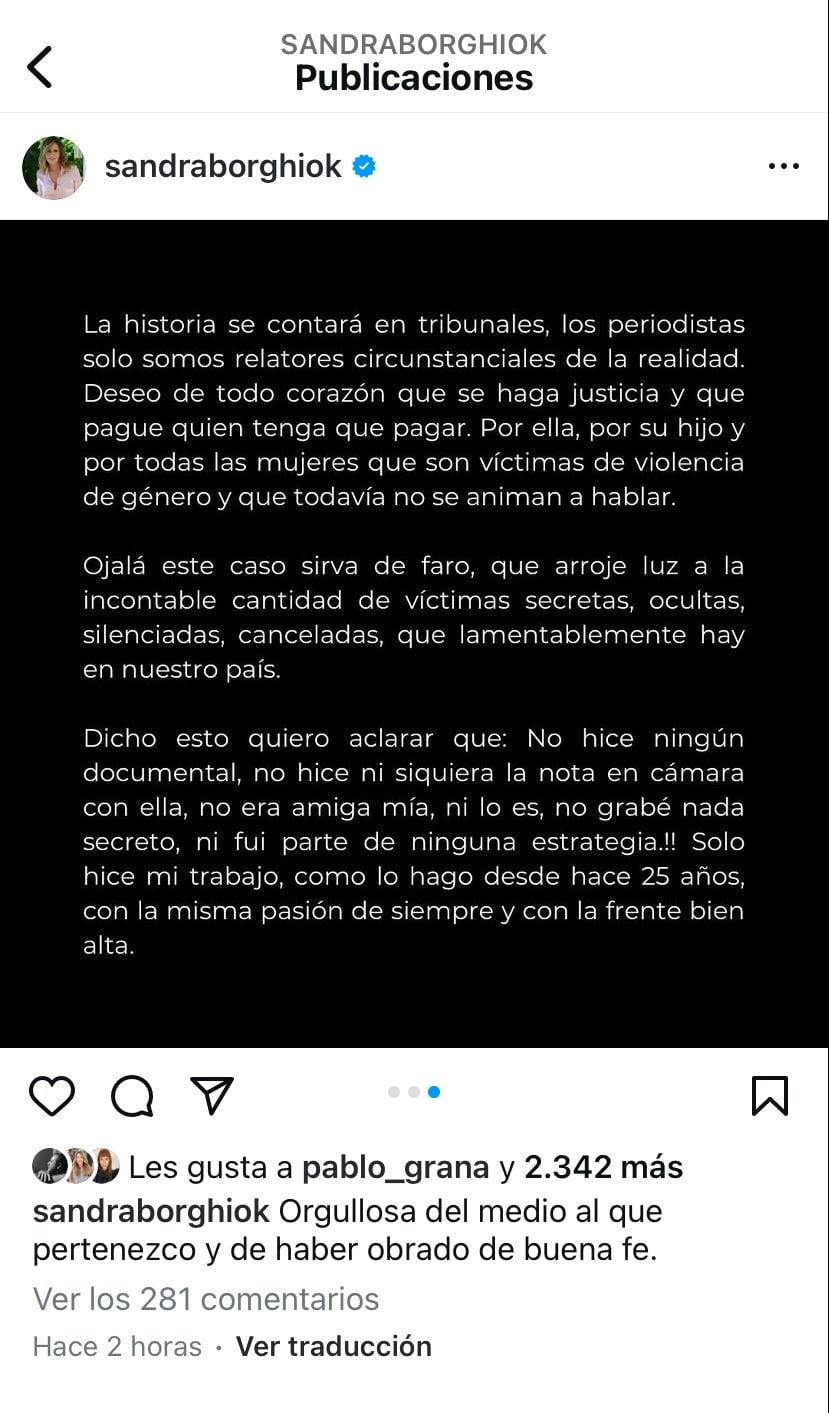 El descargo de Sandra Borghi en redes sobre la denuncia de Fabiola Yañez contra Alberto Fernández. Captura de Instagram.