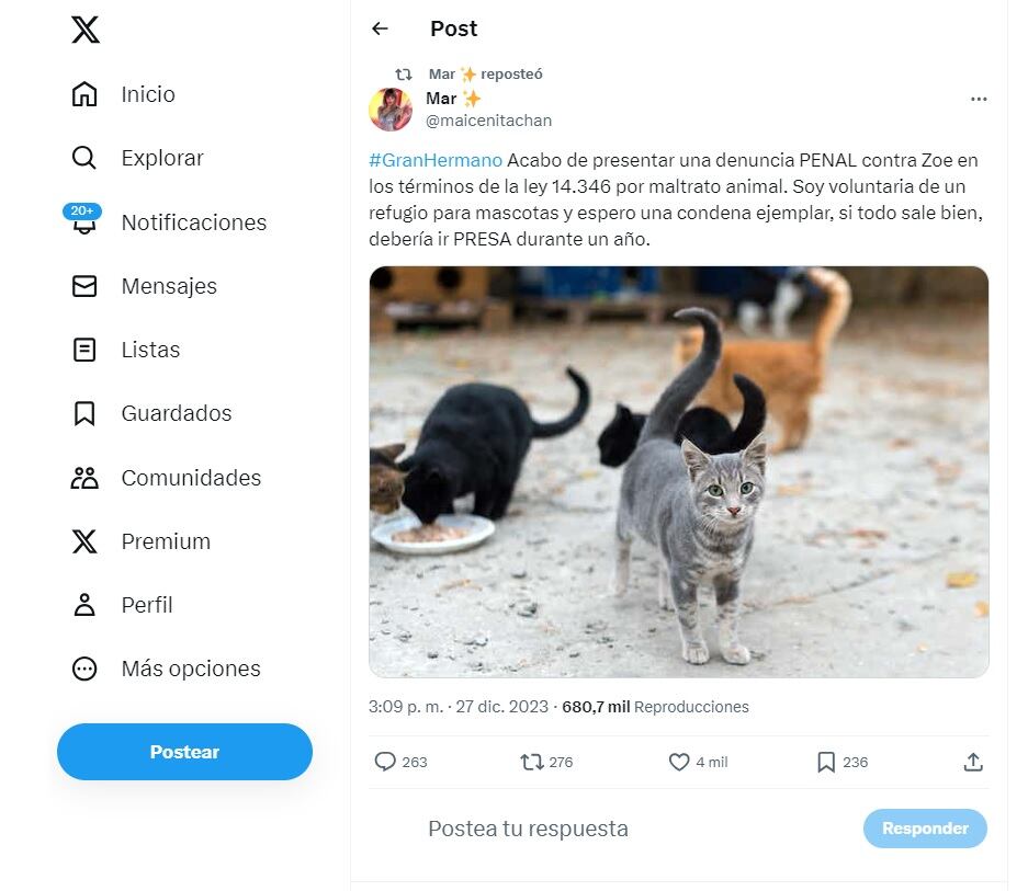 Presentaron una tremenda denuncia penal en contra de Zoe de Gran Hermano. Captura Twitter.